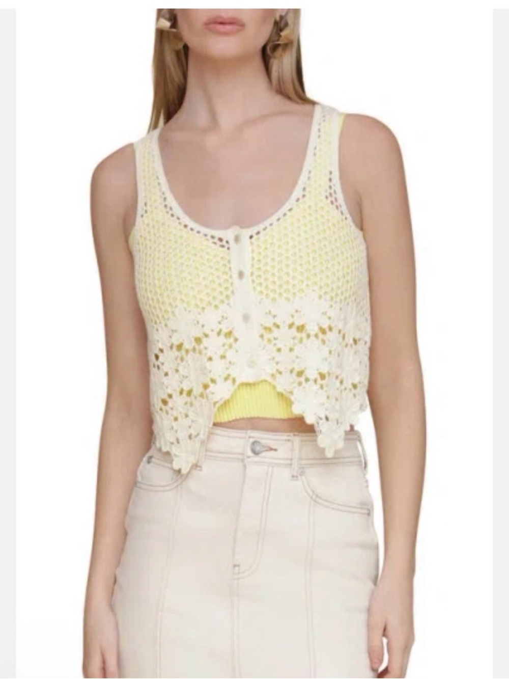 Avec Les Filles Cream Crochet Overlay Tank with Yellow Liner